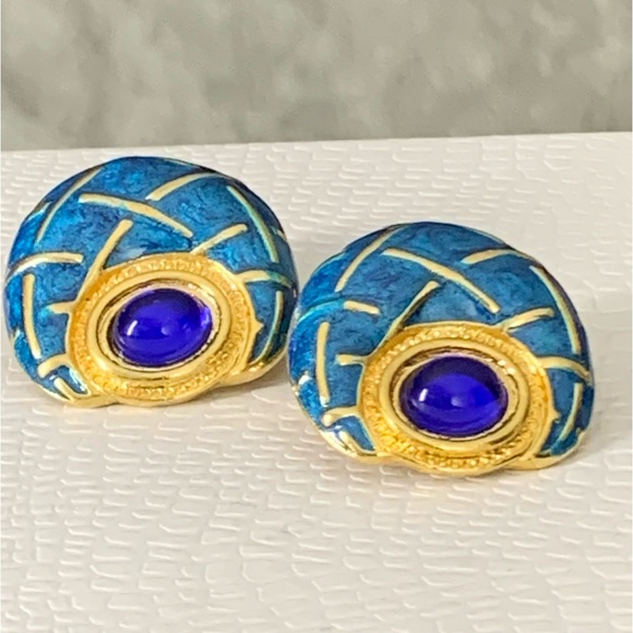 RARE - Signed Two Sisters Clip on Earrings.Gold plated.Blue Cabochons,Enamel. - Picture 5 of 12